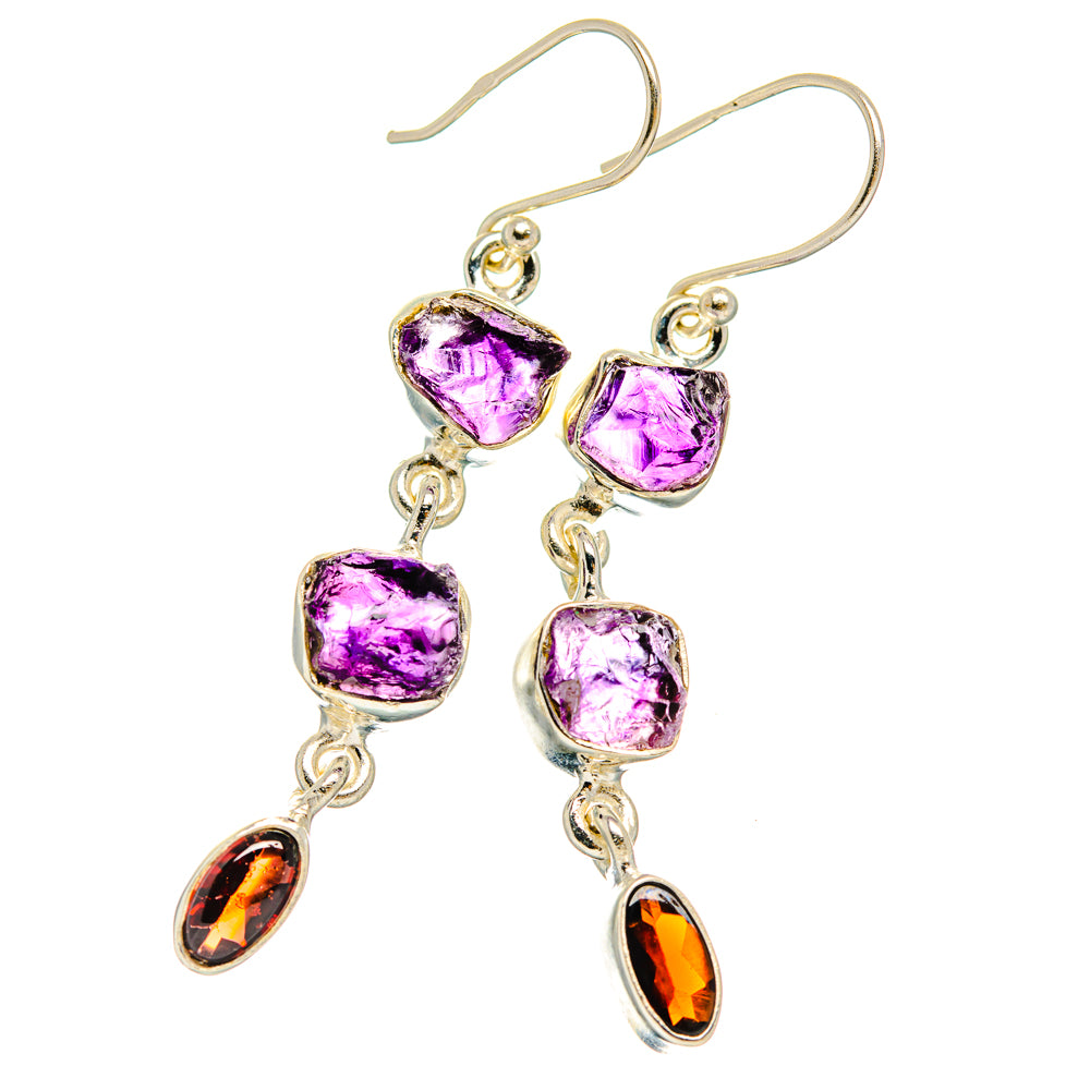 925 sterling silver drop earrings with purple amethyst cubes and orange garnet drops