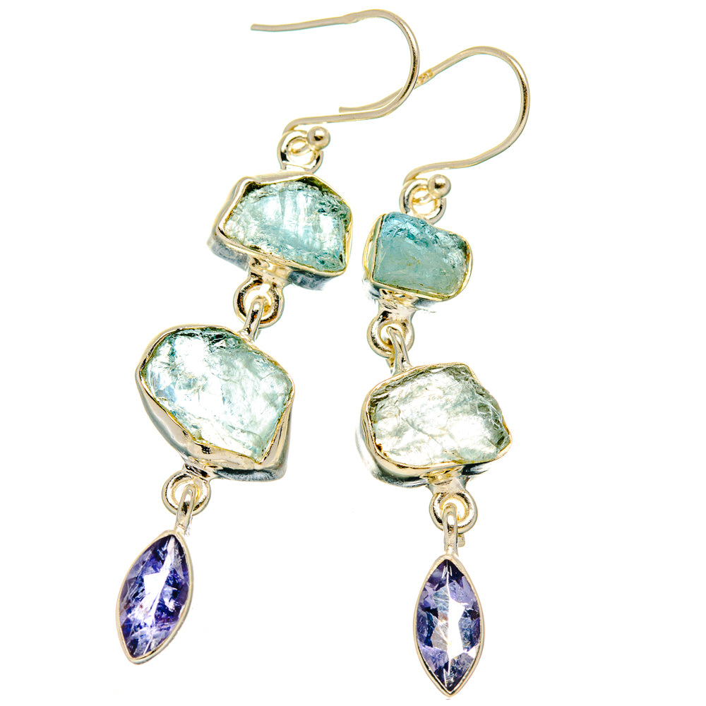 Rough aquamarine cluster dangle earrings with blue-green stones and purple teardrop charms
