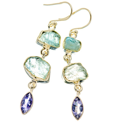 Rough aquamarine cluster dangle earrings with blue-green stones and purple teardrop charms
