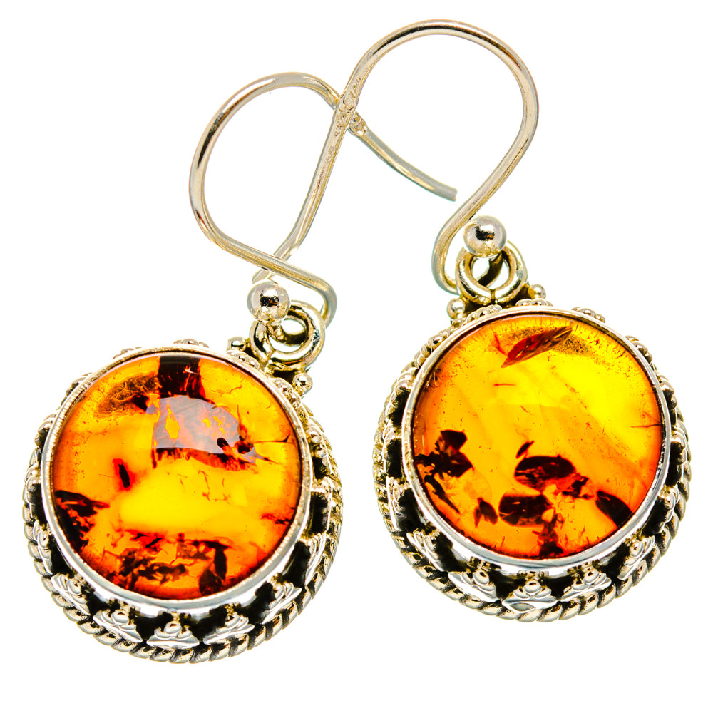 Round Baltic amber drop earrings in 925 sterling silver, ornate bezel, gold-tone hooks