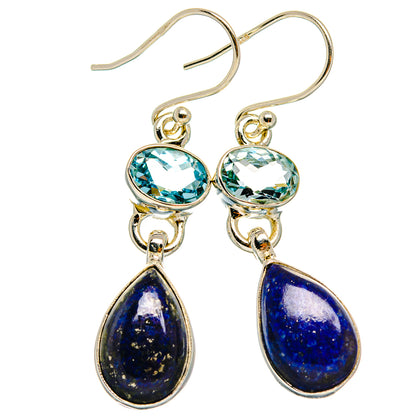 Pair of silver drop earrings with teal round stone and lapis blue teardrop dangles