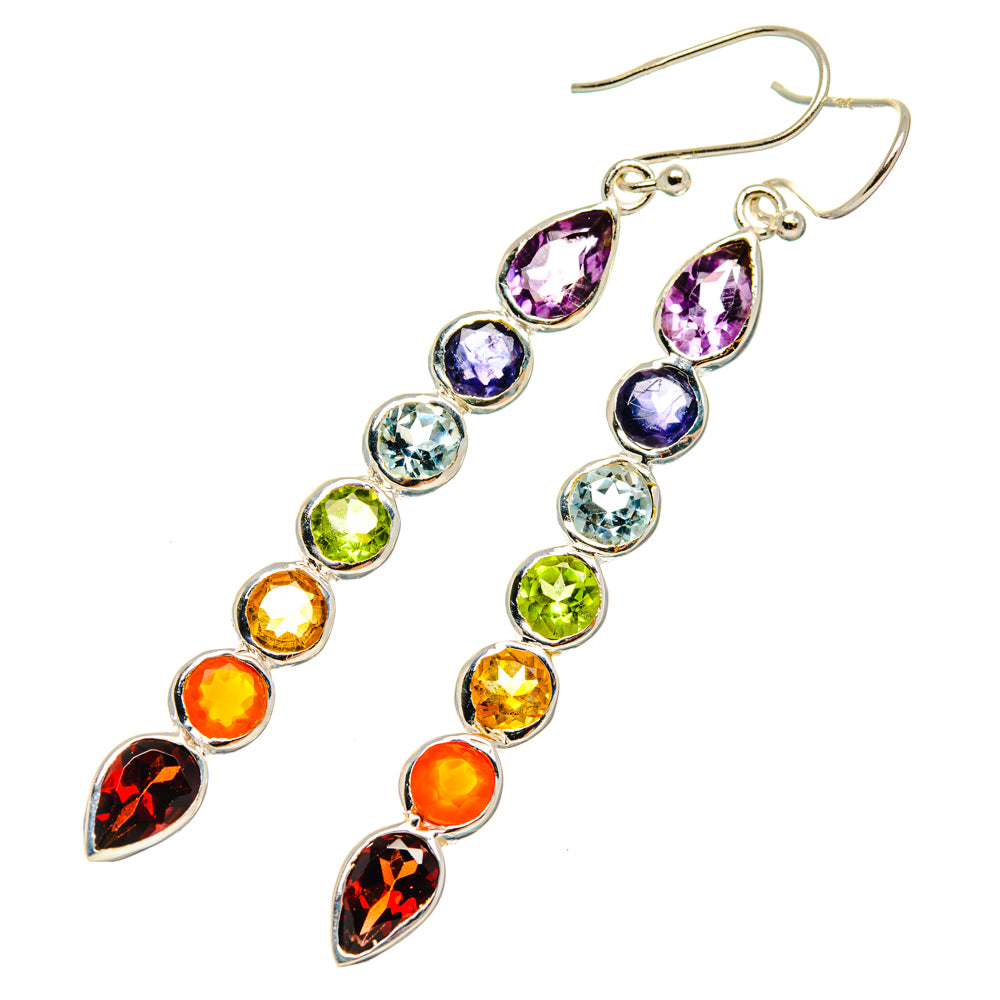 925 sterling silver drop earrings with rainbow chakra teardrop gemstones, dangling on hooks