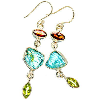 Dangle earrings in 925 sterling silver with turquoise rough stones and green-red drops