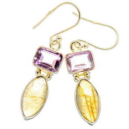 Sterling silver amethyst and labradorite drop earrings with purple square and teardrop stones