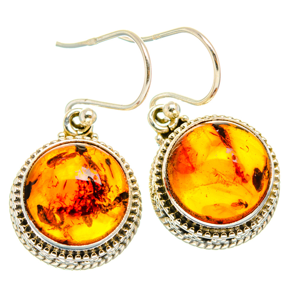 Round amber drop earrings in 925 sterling silver with ornate bead border and hooks