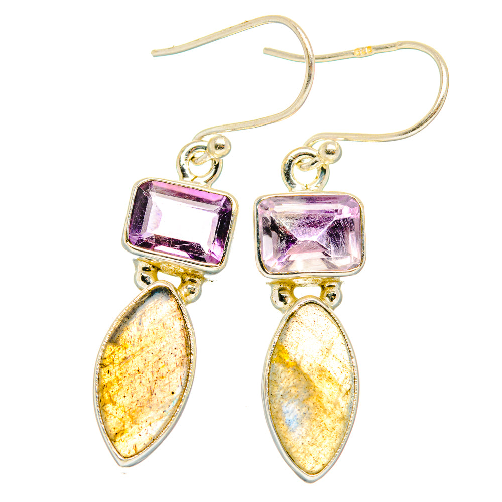 Amethyst & labradorite drop earrings with square purple stones, oval labradorite, .925 silver hooks