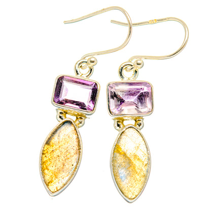 Amethyst & labradorite drop earrings with square purple stones, oval labradorite, .925 silver hooks