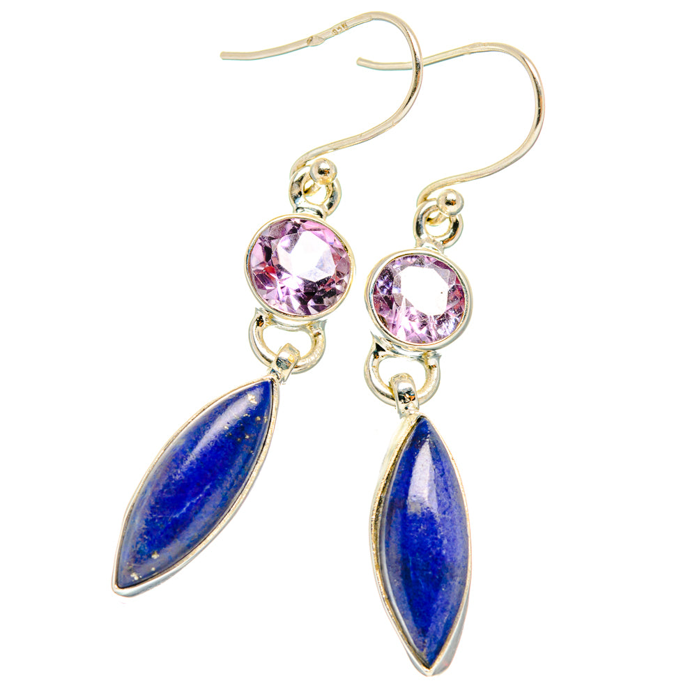 Silver-tone amethyst and lapis lazuli drop earrings, pink round stones and blue teardrops