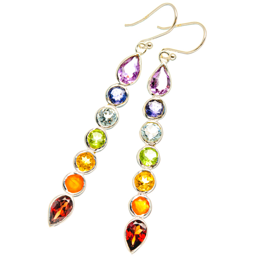 Multicolor teardrop chakra drop earrings with silver hook backs and rainbow stones