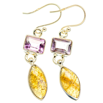 925 sterling silver earrings with square amethyst and yellow labradorite teardrop drops