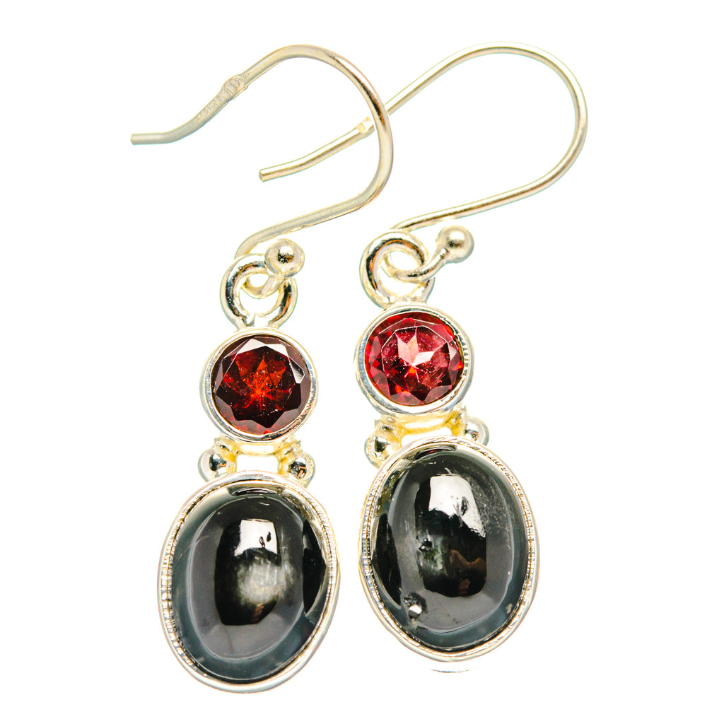 Star-like garnet and black stone drop earrings, 925 sterling silver