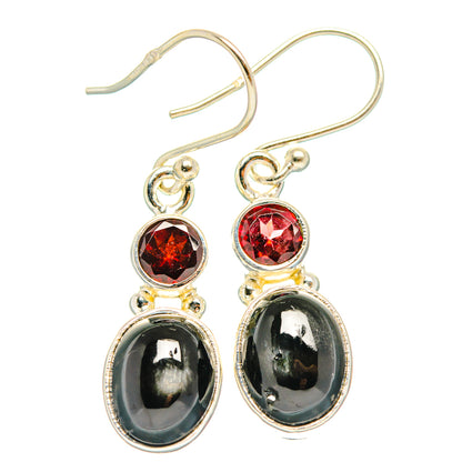 Star-like garnet and black stone drop earrings, 925 sterling silver