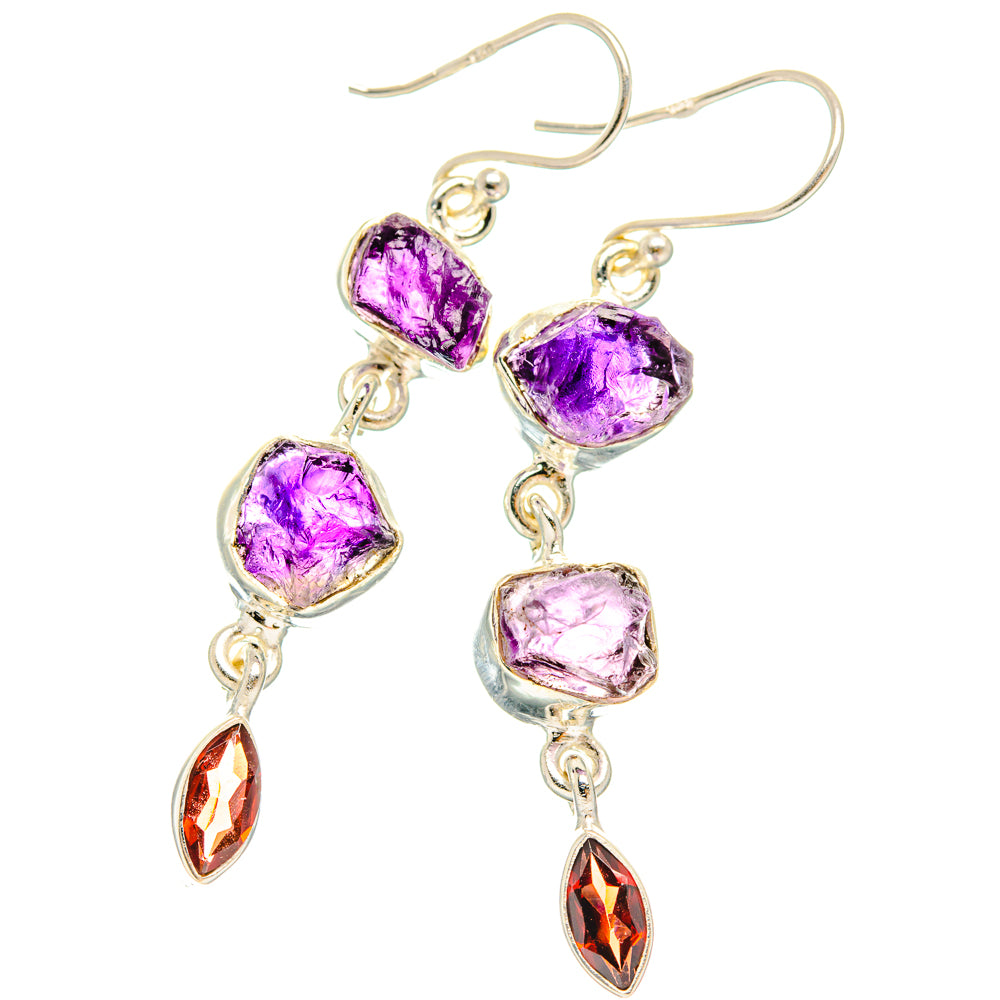 Sterling silver earrings with rough purple amethyst and red garnet drops