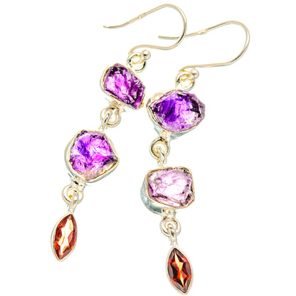 Sterling silver earrings with rough purple amethyst and red garnet drops