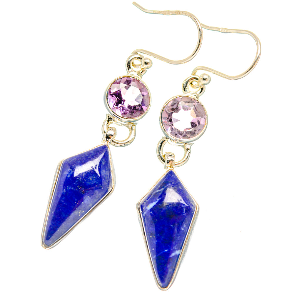 Amethyst and lapis lazuli drop earrings with round purple stones and two blue triangular charms