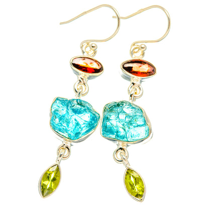 Rough gemstone drop earrings in sterling silver: blue apatite, red garnet, green peridot