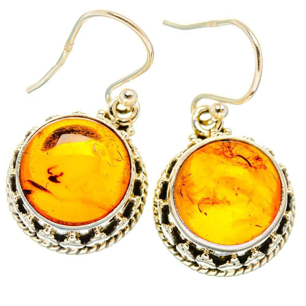 Baltic amber dangle earrings, round golden-yellow stones in ornate 925 sterling silver frames