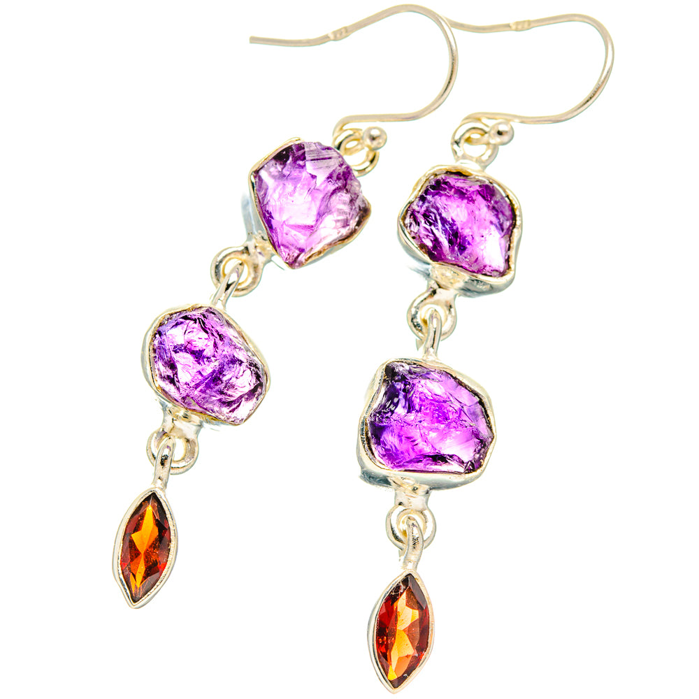 Rough amethyst and garnet chandelier earrings in sterling silver with purple stones and red drops