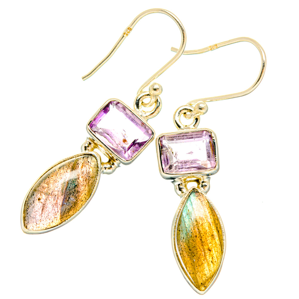 925 sterling silver amethyst square drop earrings with rainbow labradorite accents