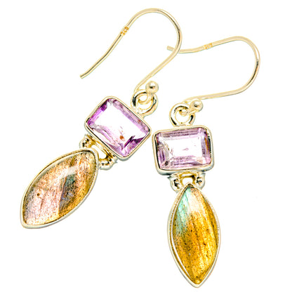 925 sterling silver amethyst square drop earrings with rainbow labradorite accents