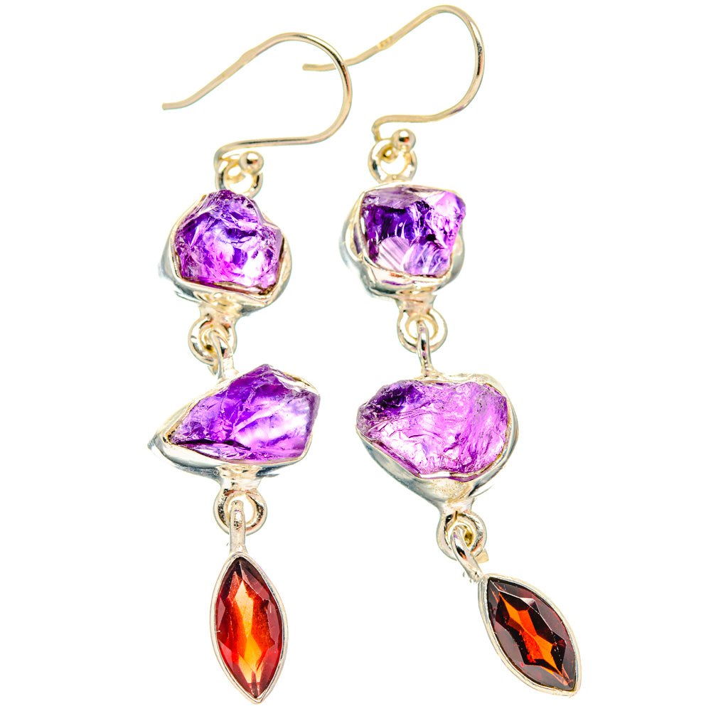 925 silver amethyst and garnet drop earrings, rough purple stones and red teardrop dangles