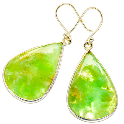 Sterling silver lemon jasper teardrop earrings with green polished stone and loop hooks