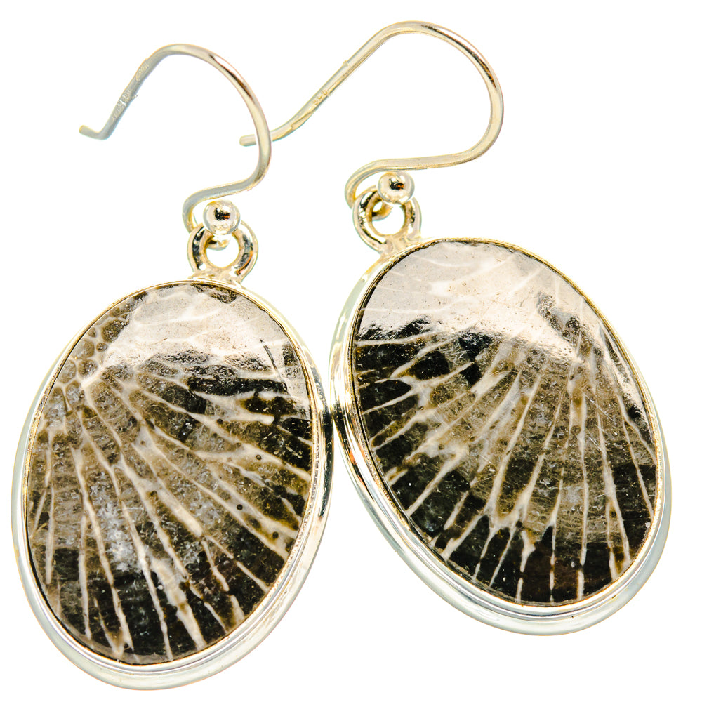 925 sterling silver oval earrings with black-and-beige coral pattern, drop style
