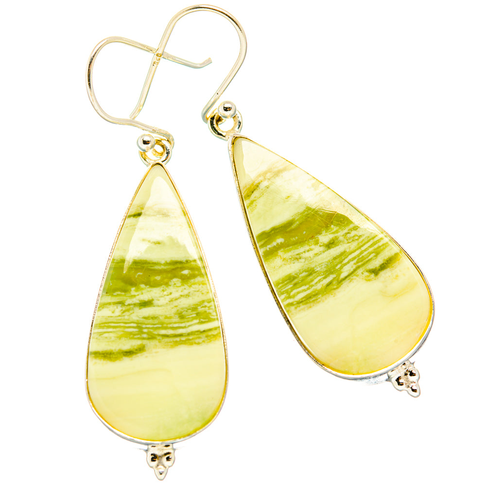 Lemon jasper 925 sterling silver teardrop earrings, green-veined yellow cabochons