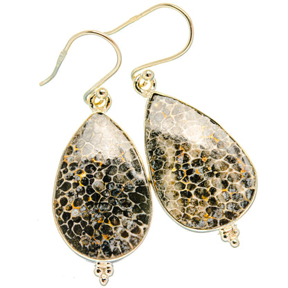 Stingray coral teardrop earrings with sterling silver hooks, black and gray mottled panels