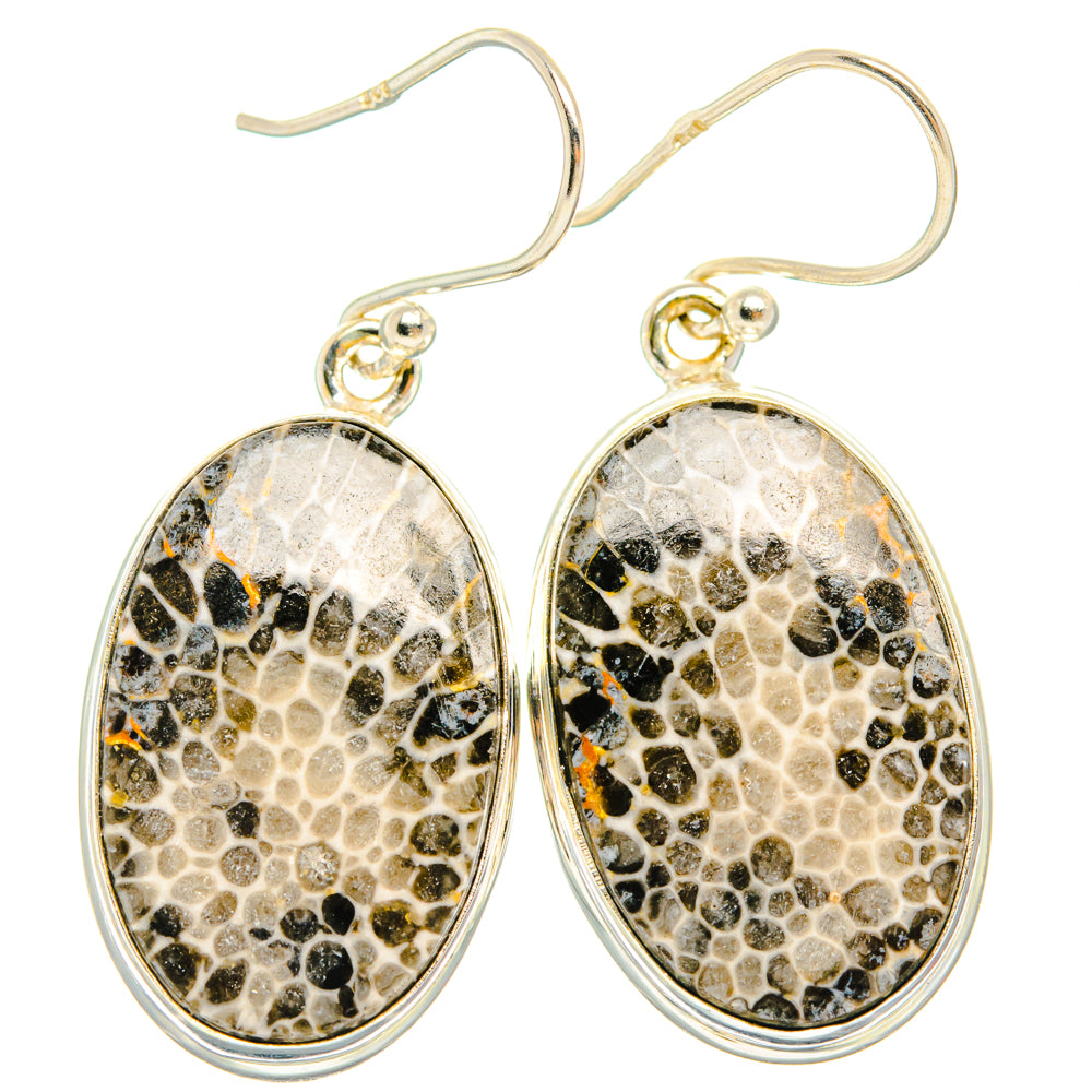 Oval sterling silver coral-pattern drop earrings with fishhook hooks, speckled beige/black
