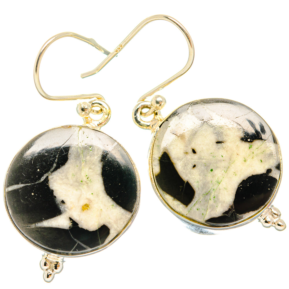 Septarian geode earrings with round cabochons, black/white veined stones, silver hooks