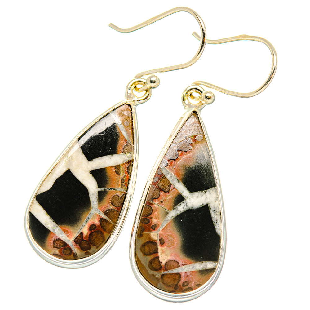 Teardrop septarian geode earrings with black, orange, and white stone in silver setting