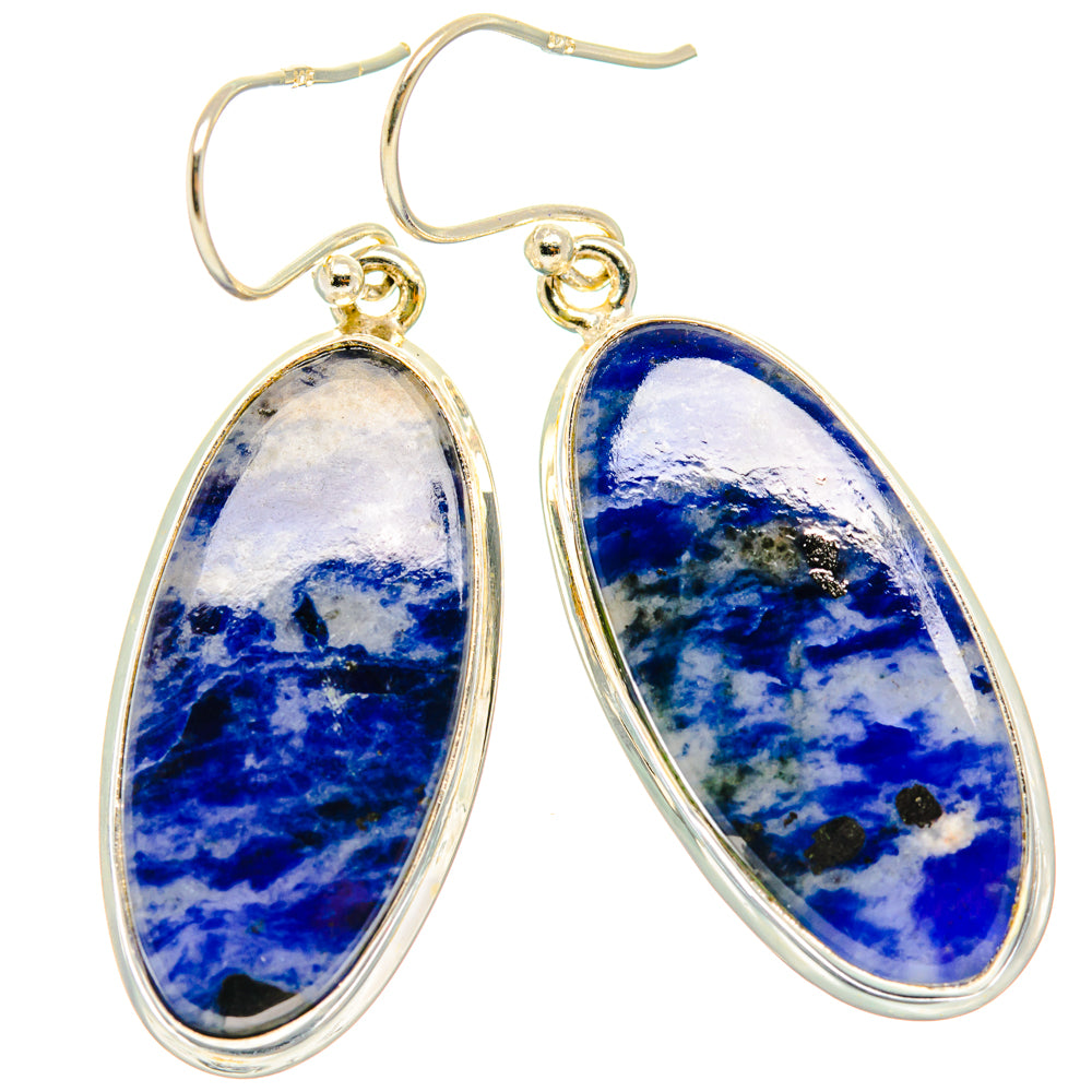 Pair of sodalite teardrop drop earrings with 925 sterling silver hooks, blue marbled stone