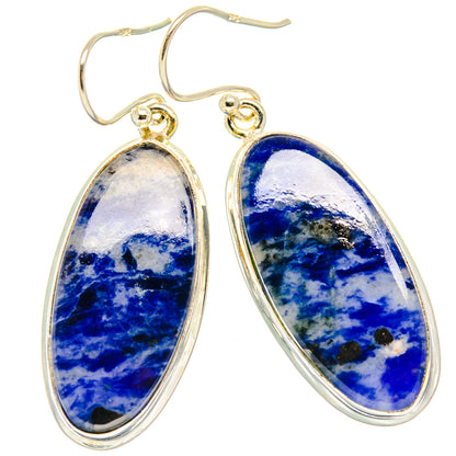 Pair of sodalite teardrop drop earrings with 925 sterling silver hooks, blue marbled stone