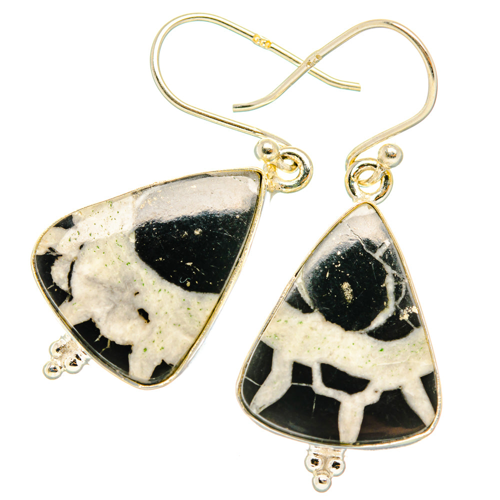 Sterling silver fishhook earrings with black-and-white septarian geode, teardrop dangle