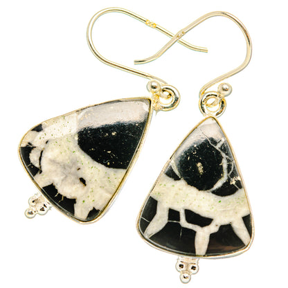 Sterling silver fishhook earrings with black-and-white septarian geode, teardrop dangle