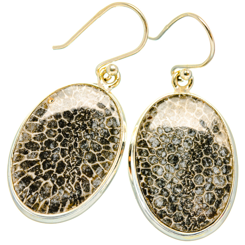 Sterling silver oval drop earrings with black-and-gold stingray pattern and hook backs