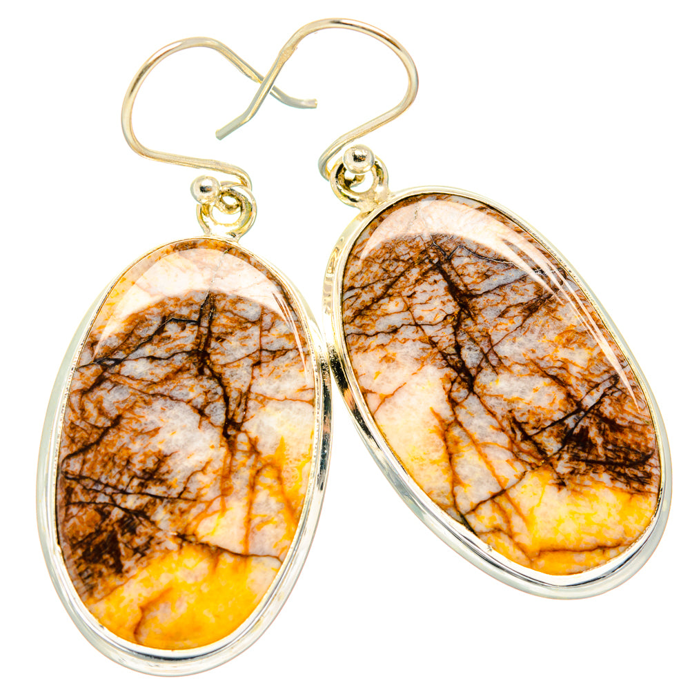 Sterling silver oval picture jasper drop earrings with teardrop stone and brown web veining