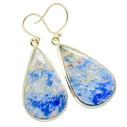 Teardrop sodalite earrings with silver-tone hooks, blue stone with speckled pattern