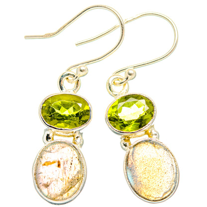 Sterling silver drop earrings with peridot green oval and iridescent labradorite oval stones