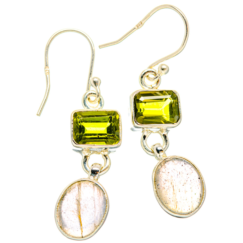 Sterling silver peridot green square earrings with two oval labradorite drops