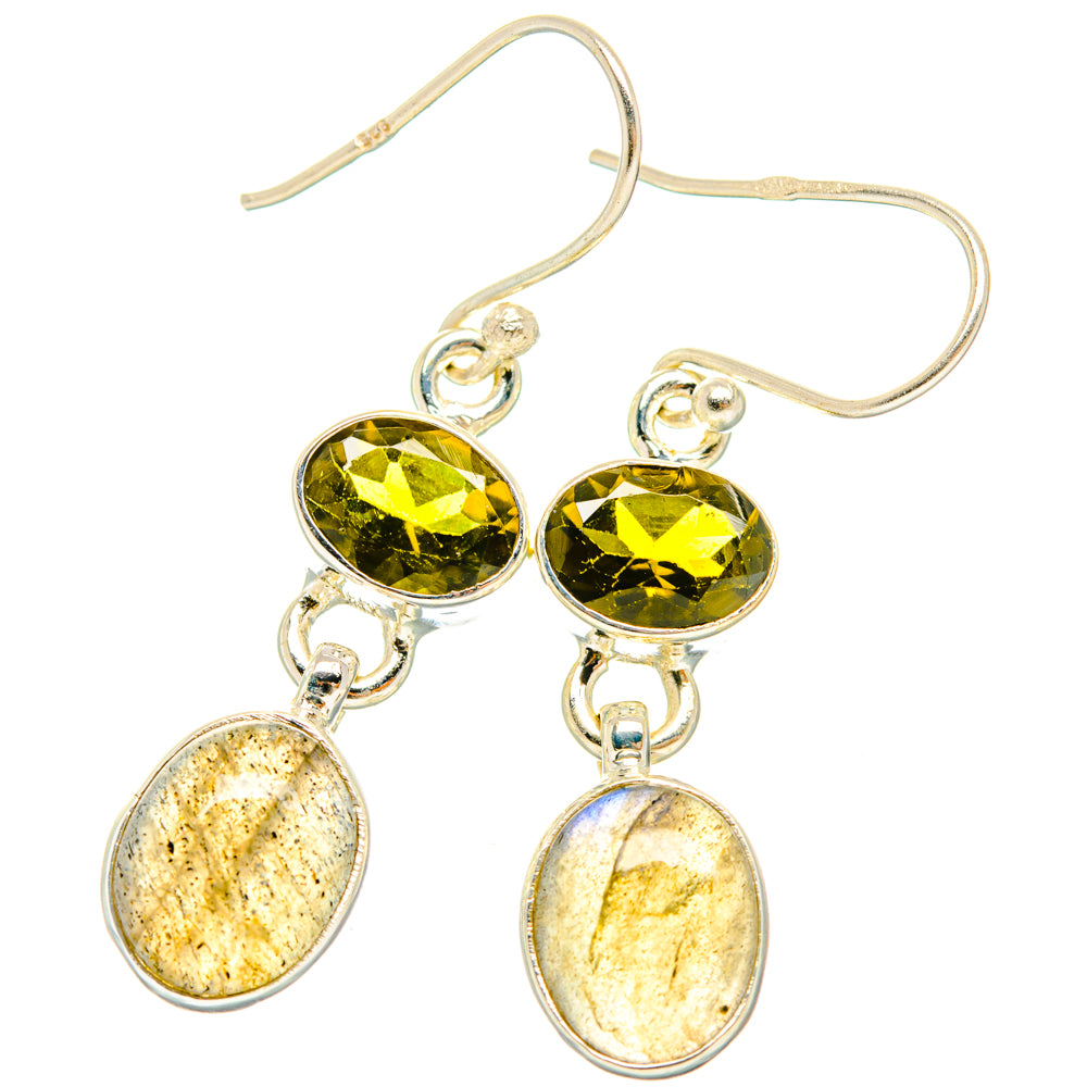 925 sterling silver earrings, round peridot top with yellow-gold labradorite dangles