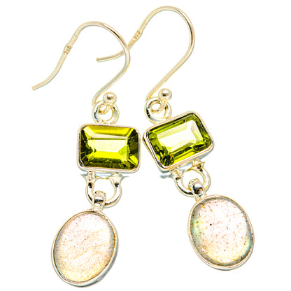 Sterling silver fishhook drop earrings with square peridot and oval labradorite dangles