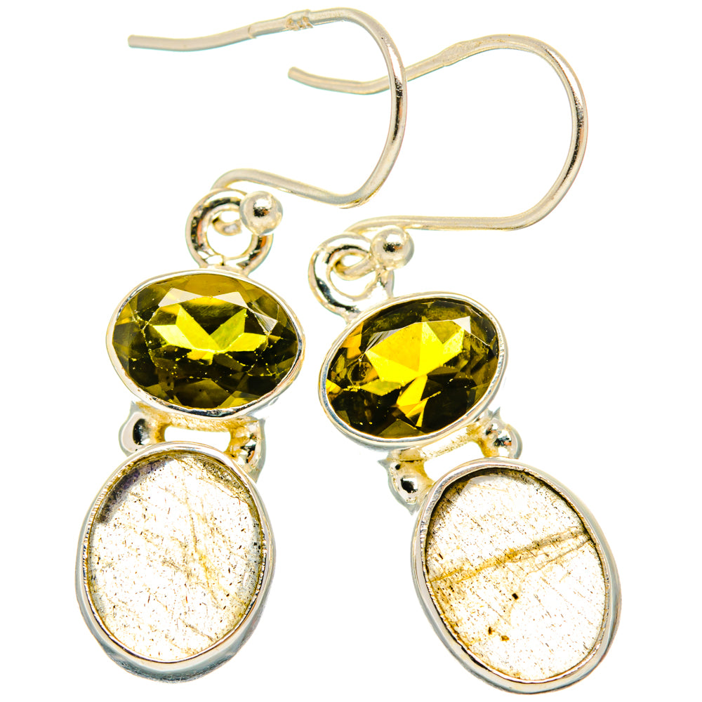 Sterling silver drop earrings with green peridot and oval labradorite cabochons