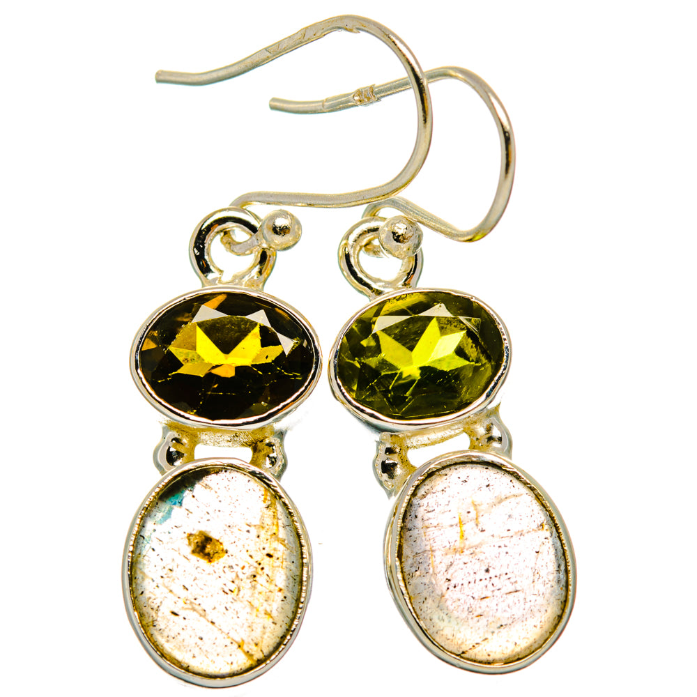 Sterling silver drop earrings with round yellow-green stones and oval speckled labradorite