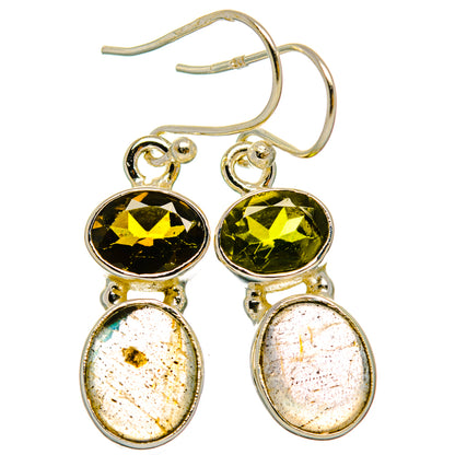 Sterling silver drop earrings with round yellow-green stones and oval speckled labradorite