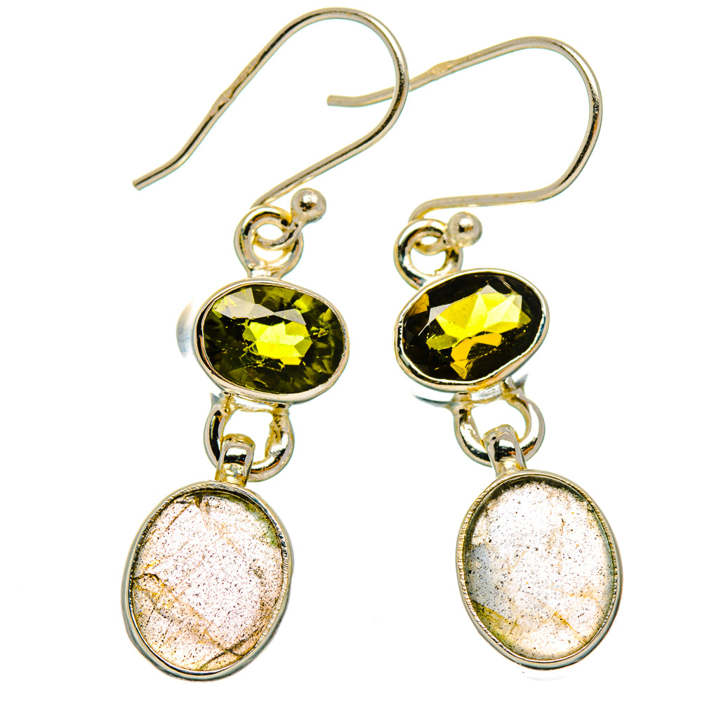 Sterling silver earrings with bezel-set green peridot oval and speckled labradorite drops