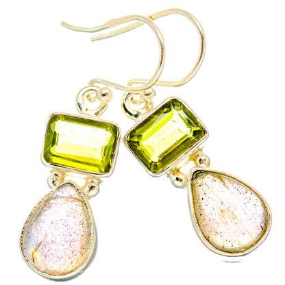 Sterling silver peridot and labradorite drop earrings, green square and iridescent teardrop stones