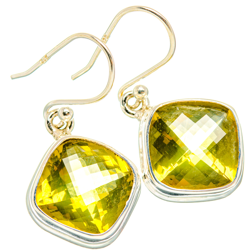 Sterling silver teardrop citrine hook earrings with faceted yellow-green gemstone, pair