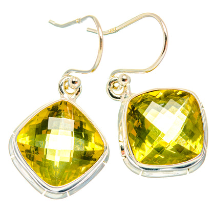 Sterling silver lemon quartz teardrop drop earrings with cushion-cut yellow-green stones and hooks